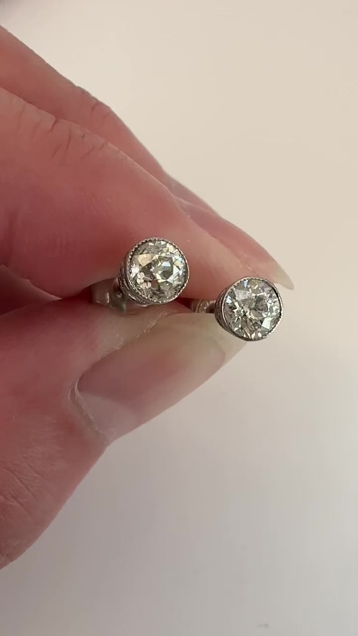 Platinum Old Euro Diamond Solitaire Earrings