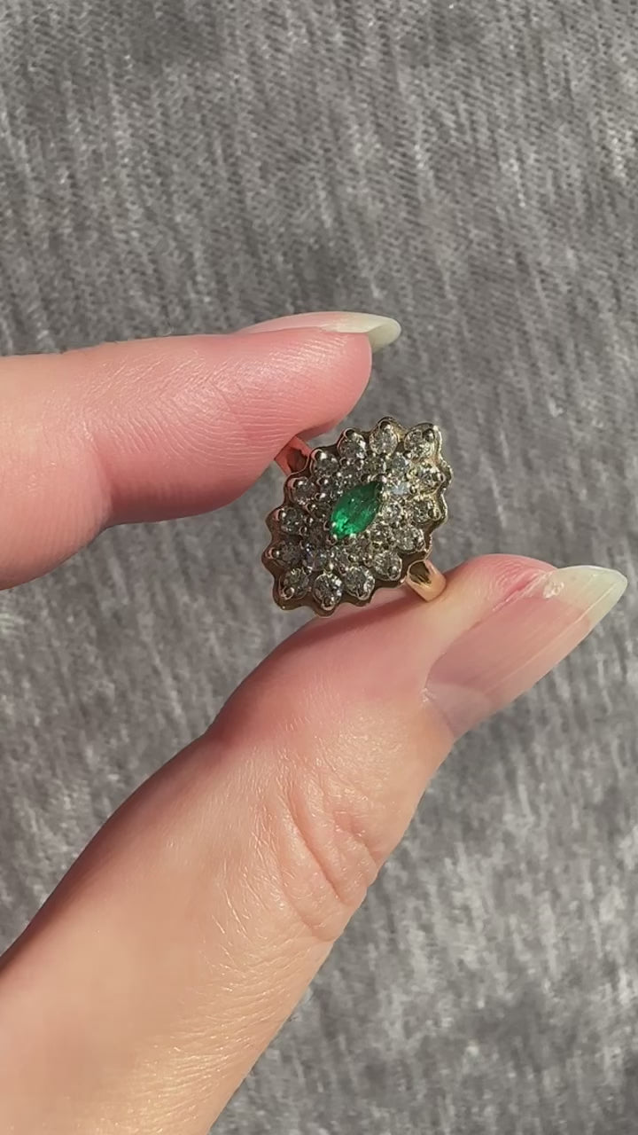 14k Diamond Emerald Cluster Ring