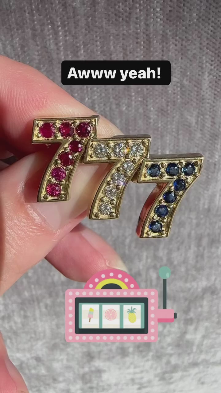 14k Triple 7s Sapphire Ruby Diamond Brooch
