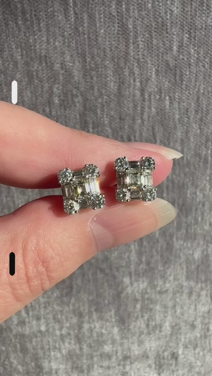 14k Rectangular Cluster Diamond Earrings