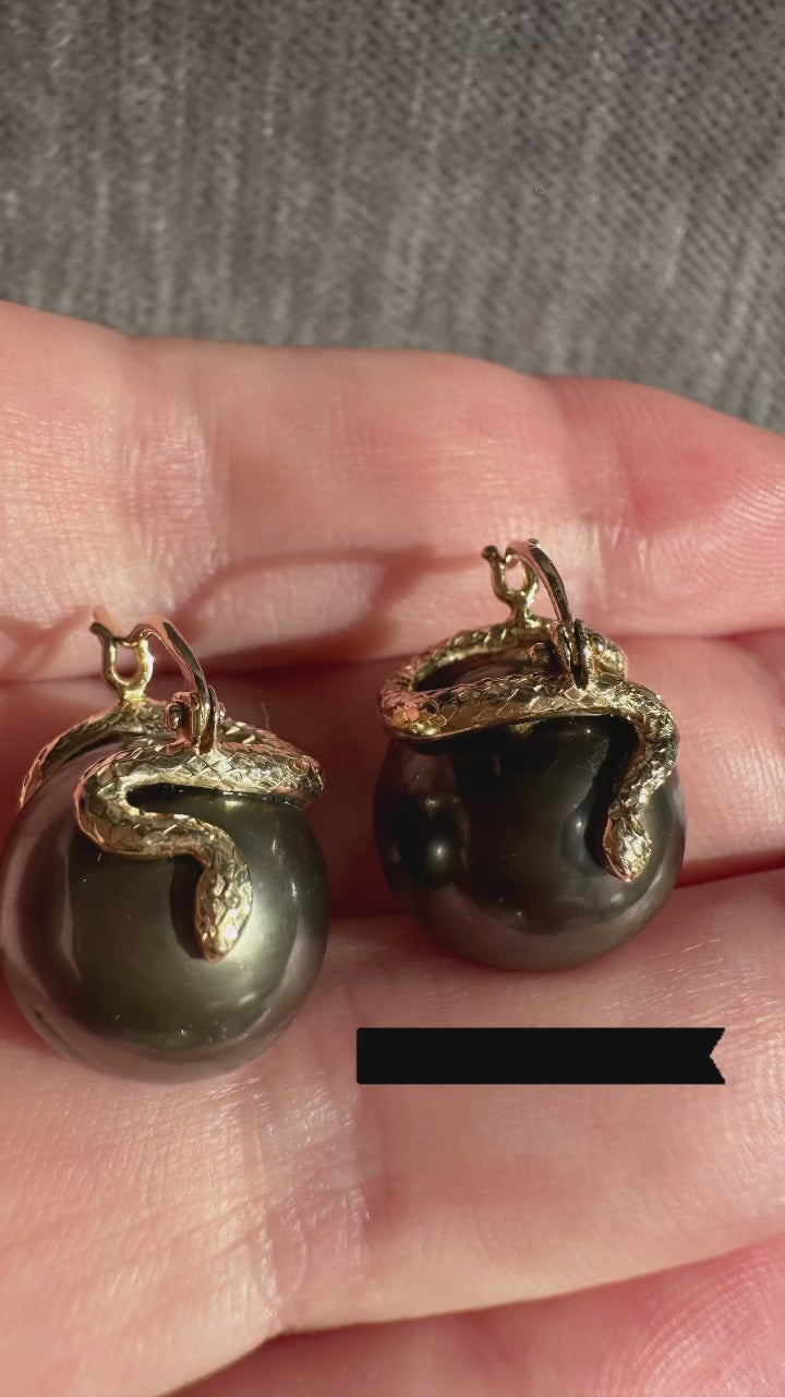 14k Snake Pearl Huggie Earrings