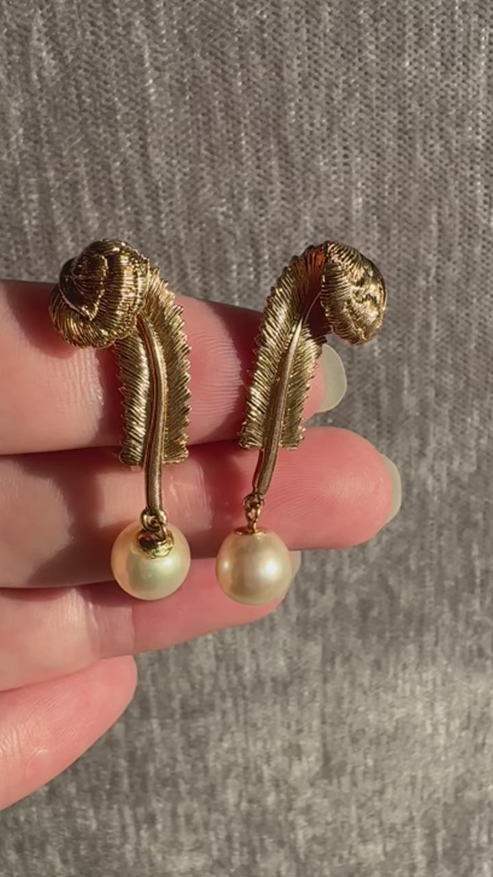 14k Tiffany Pearl Drop Feather Earrings