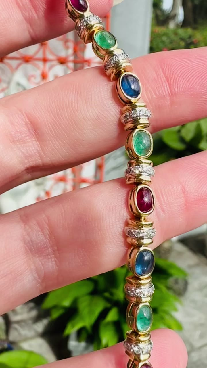 14k Emerald, Sapphire, Ruby, Diamond Bracelet