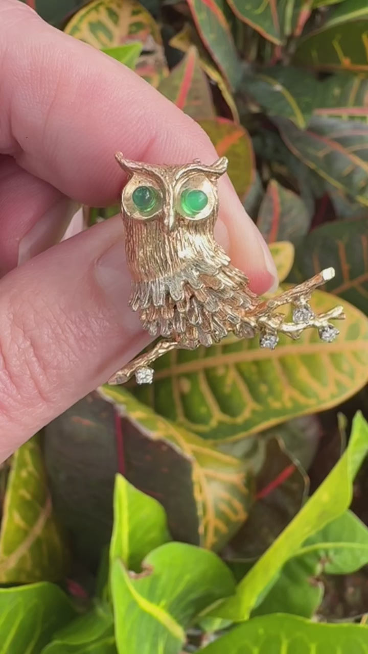 14k Owl Diamond Brooch