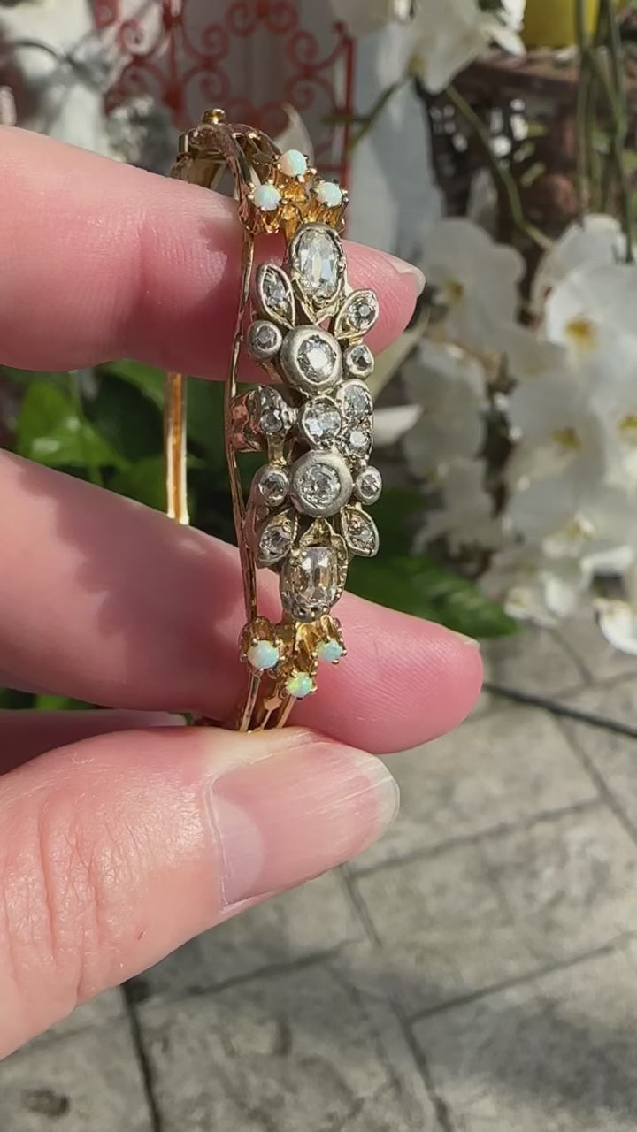 14k Diamond Opal Bangle Bracelet, Victorian Style