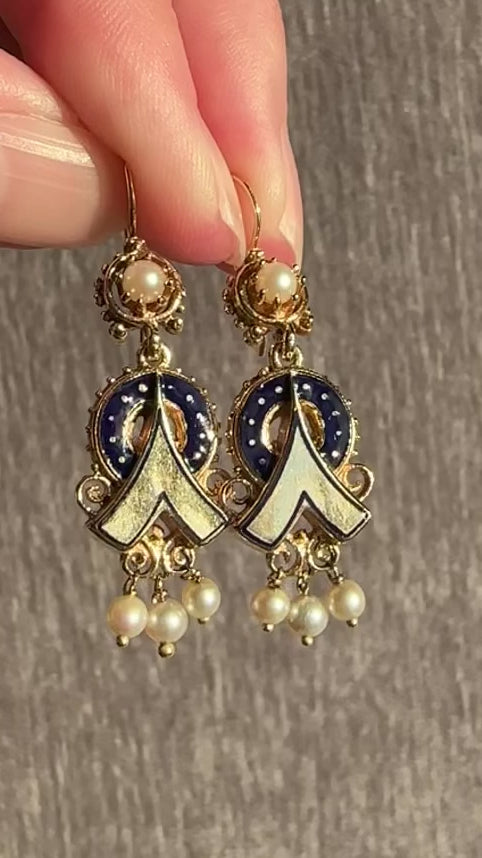 14k Victorian Revival Enamel Pearl Earrings