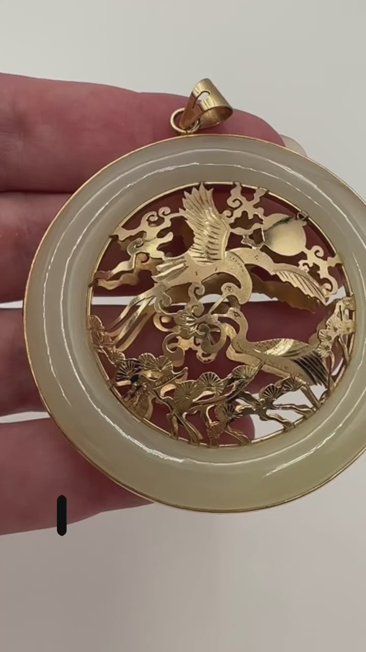 14k Large Jade Crane Pendant