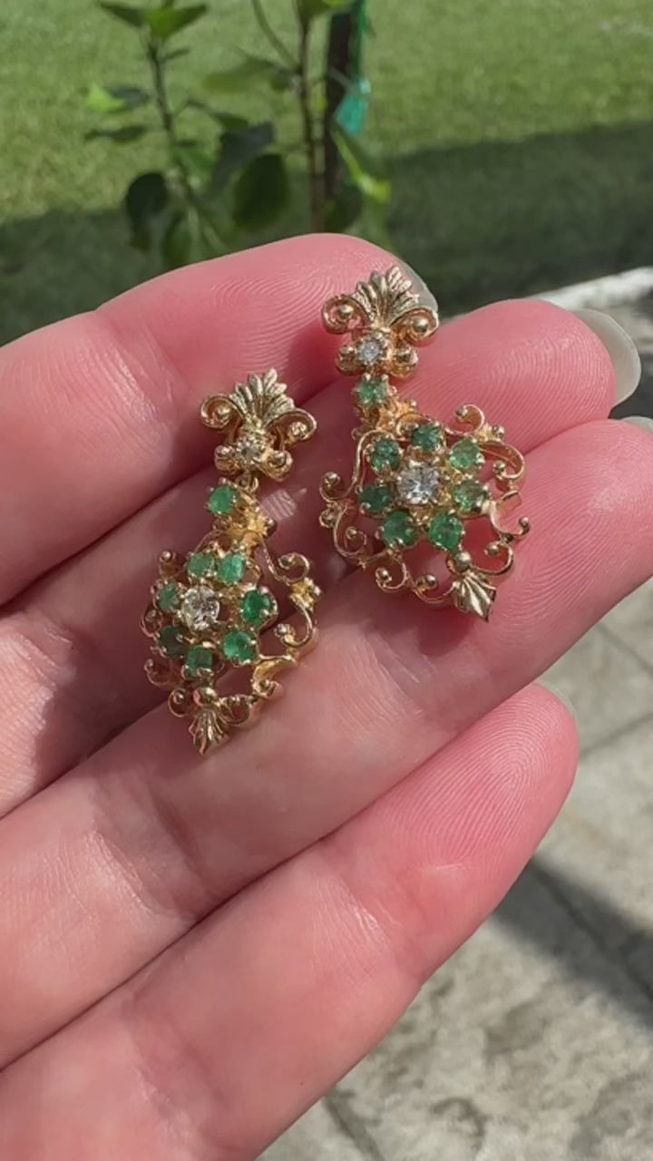 14k Emerald Diamond Drop Earrings