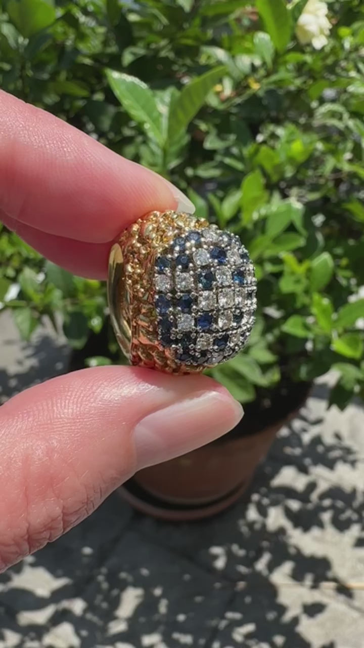 18k Sapphire Diamond Textured Ring