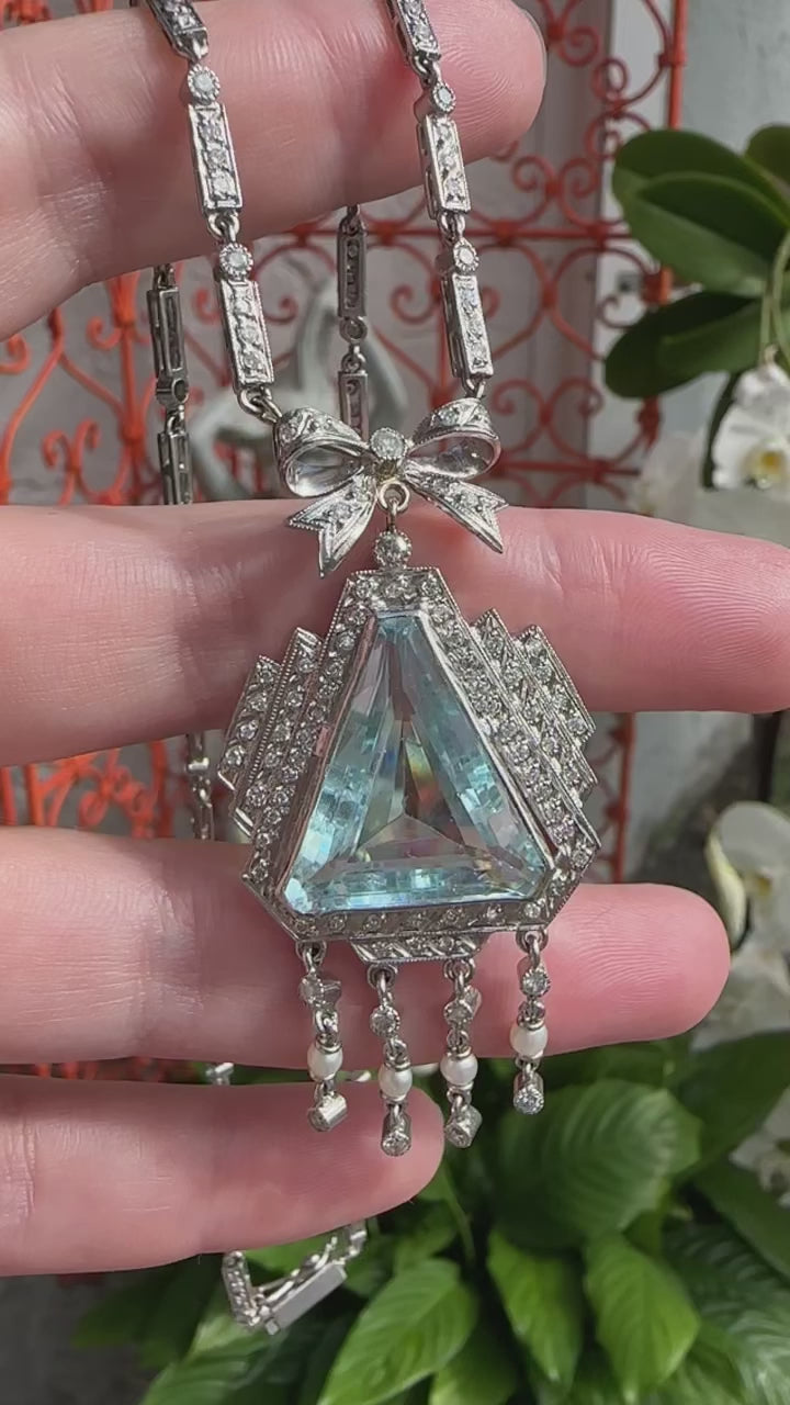 Platinum Diamond Aquamarine Pearl Dinner Necklace