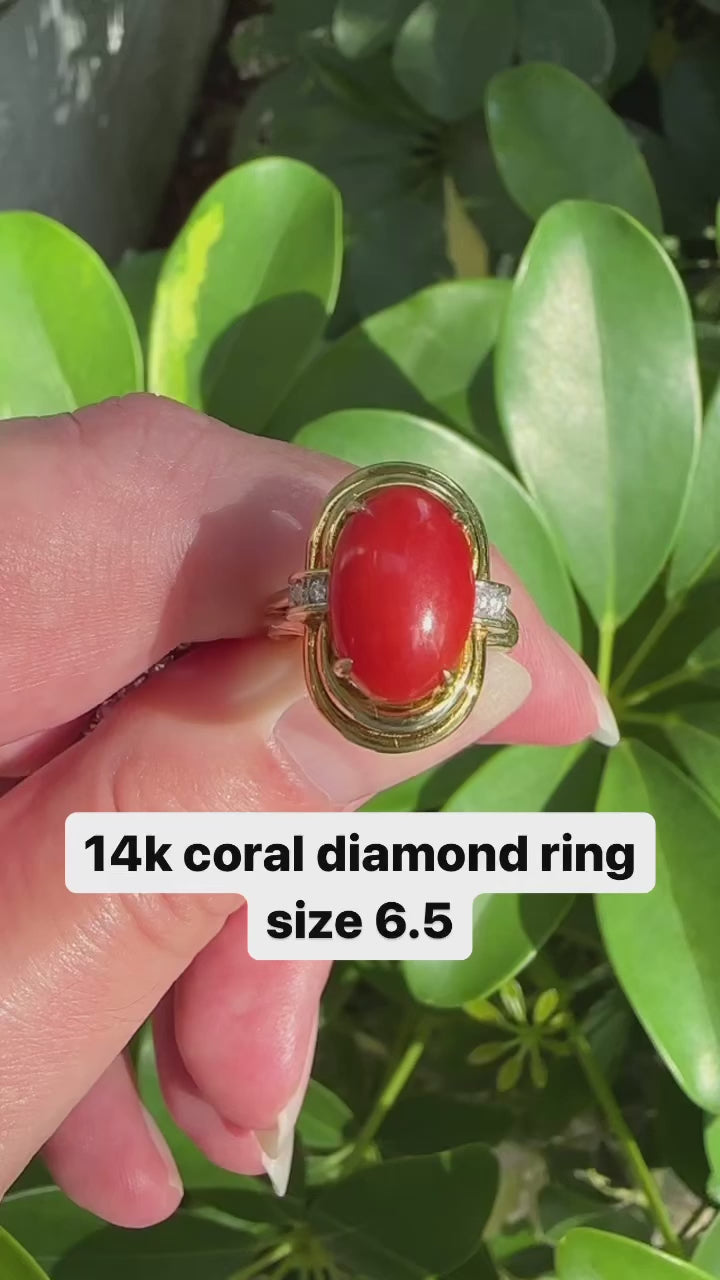 14k Coral Diamond Ring