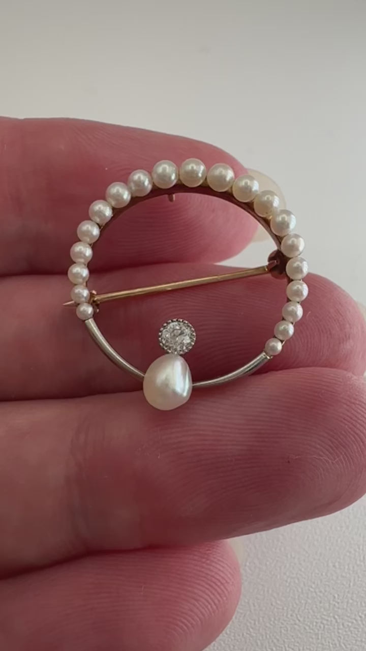 14k Pearl Diamond Moon Brooch