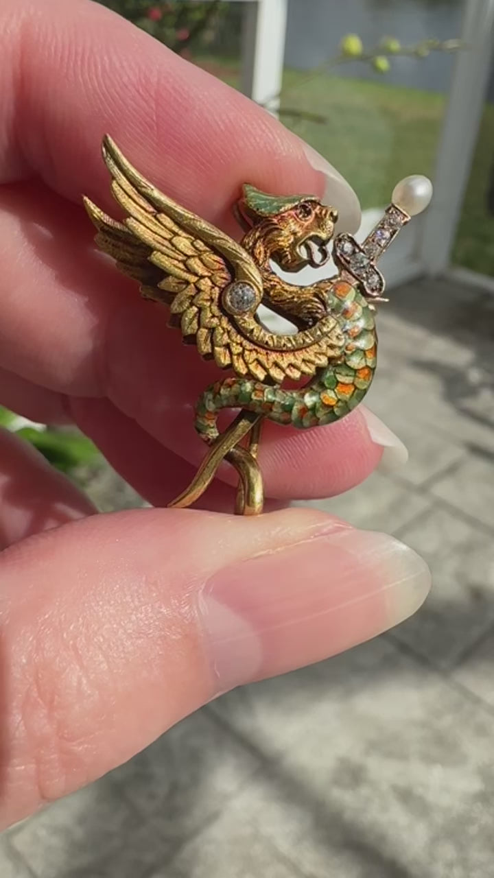 18k Art Nouveau Enamel Diamond Griffin Watch Pin/ Pendant