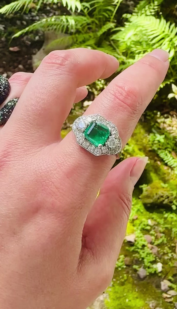 Platinum Emerald Diamond Cocktail Ring