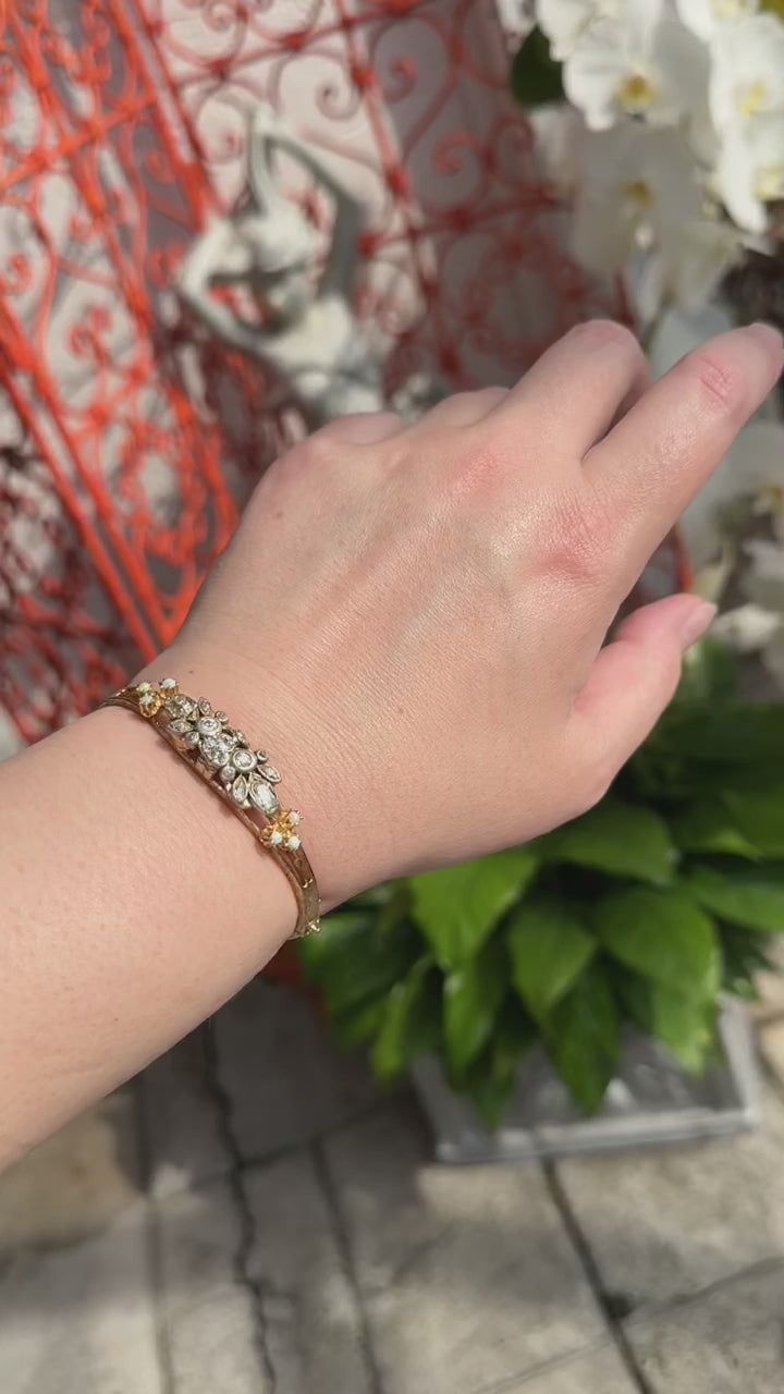 14k Diamond Opal Bangle Bracelet, Victorian Style