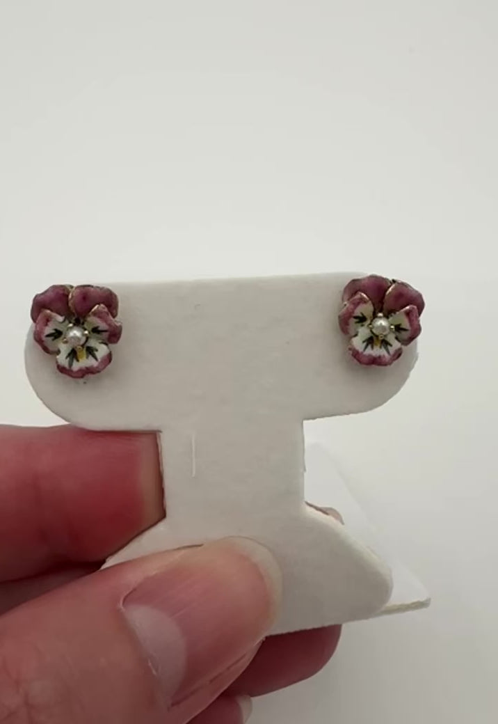 14k Pearl Enamel Pansy Earrings