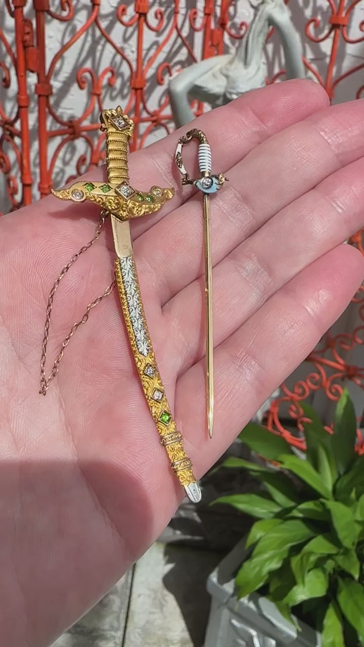14k Platinum Diamond Demantoid Garnet Sword Brooch