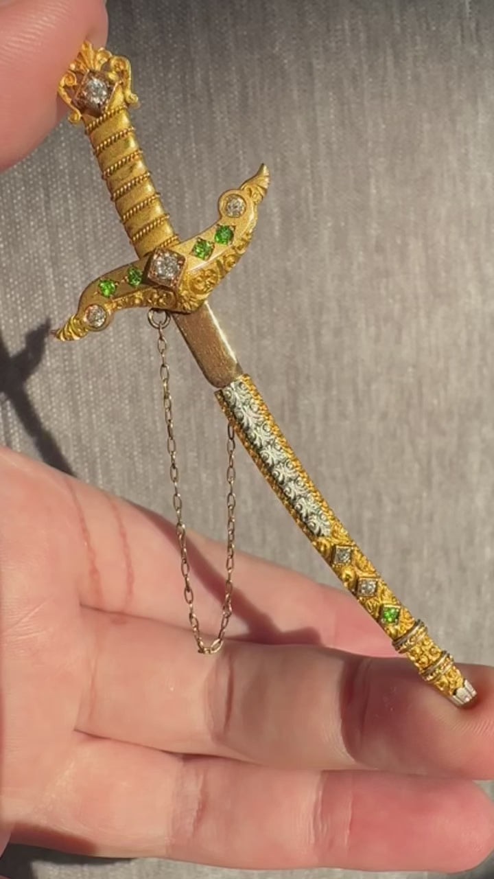 14k Platinum Diamond Demantoid Garnet Sword Brooch