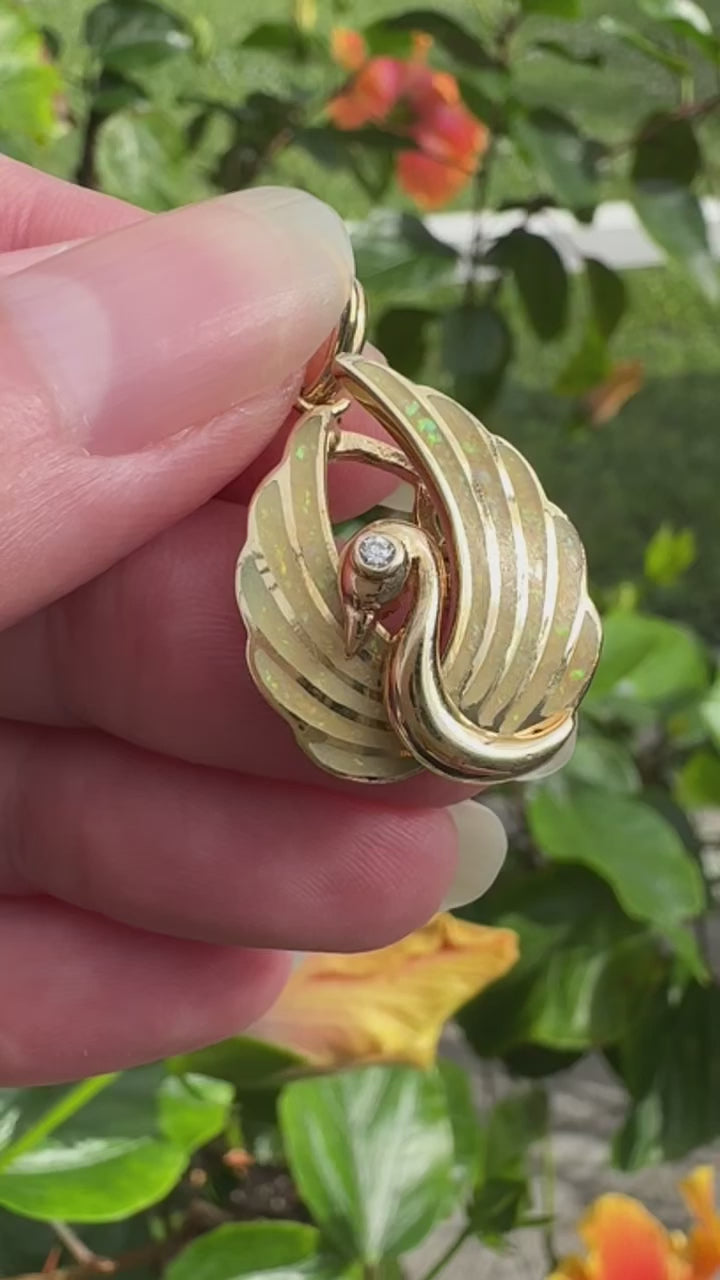 14k Shell Opal Diamond Swan Pendant