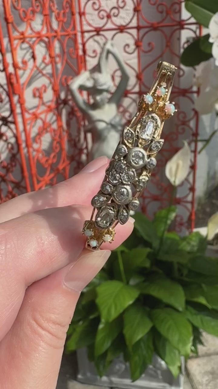 14k Diamond Opal Bangle Bracelet, Victorian Style