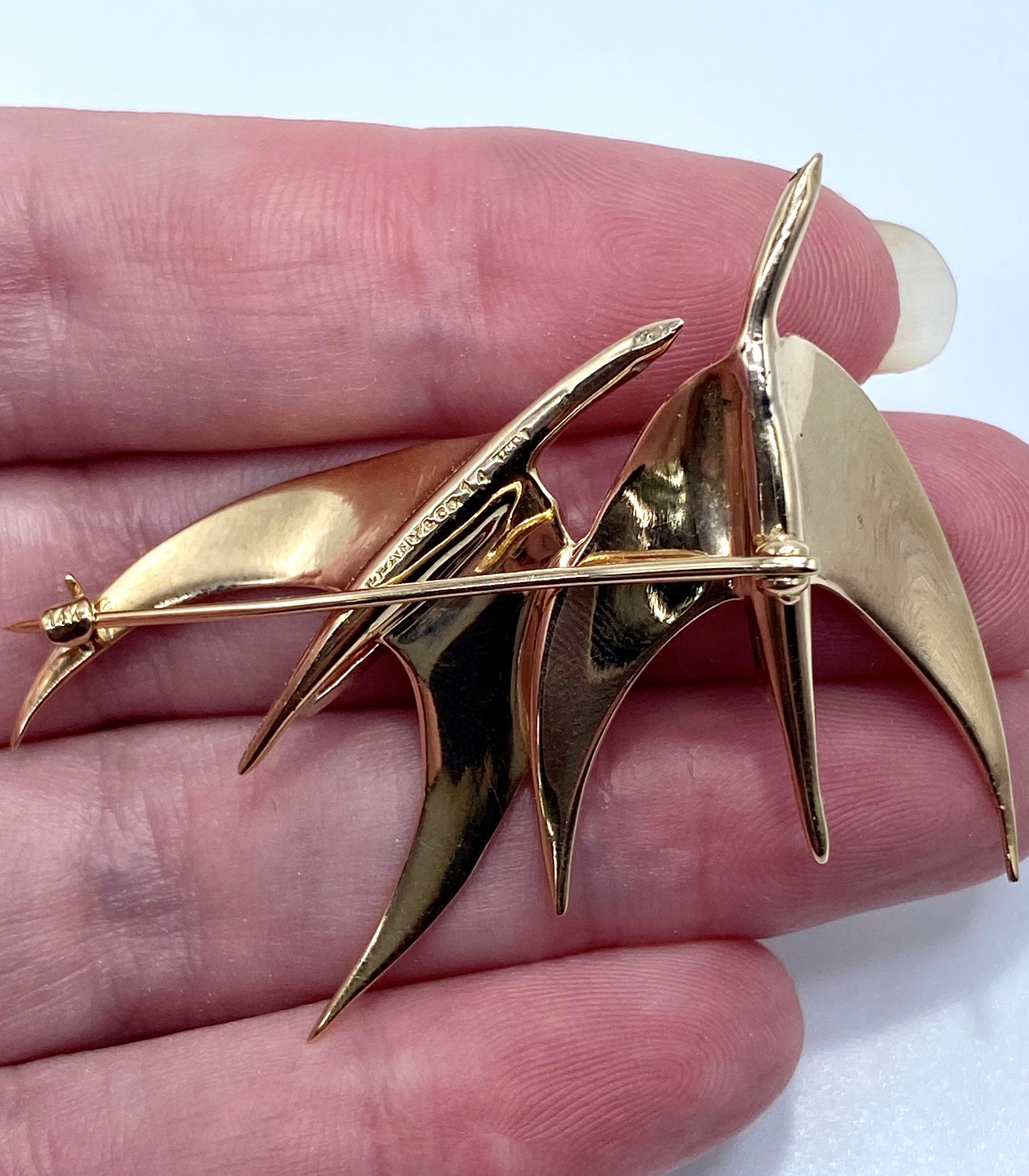 14k Tiffany Modernist Birds in Flight Brooch with Diamond Accents