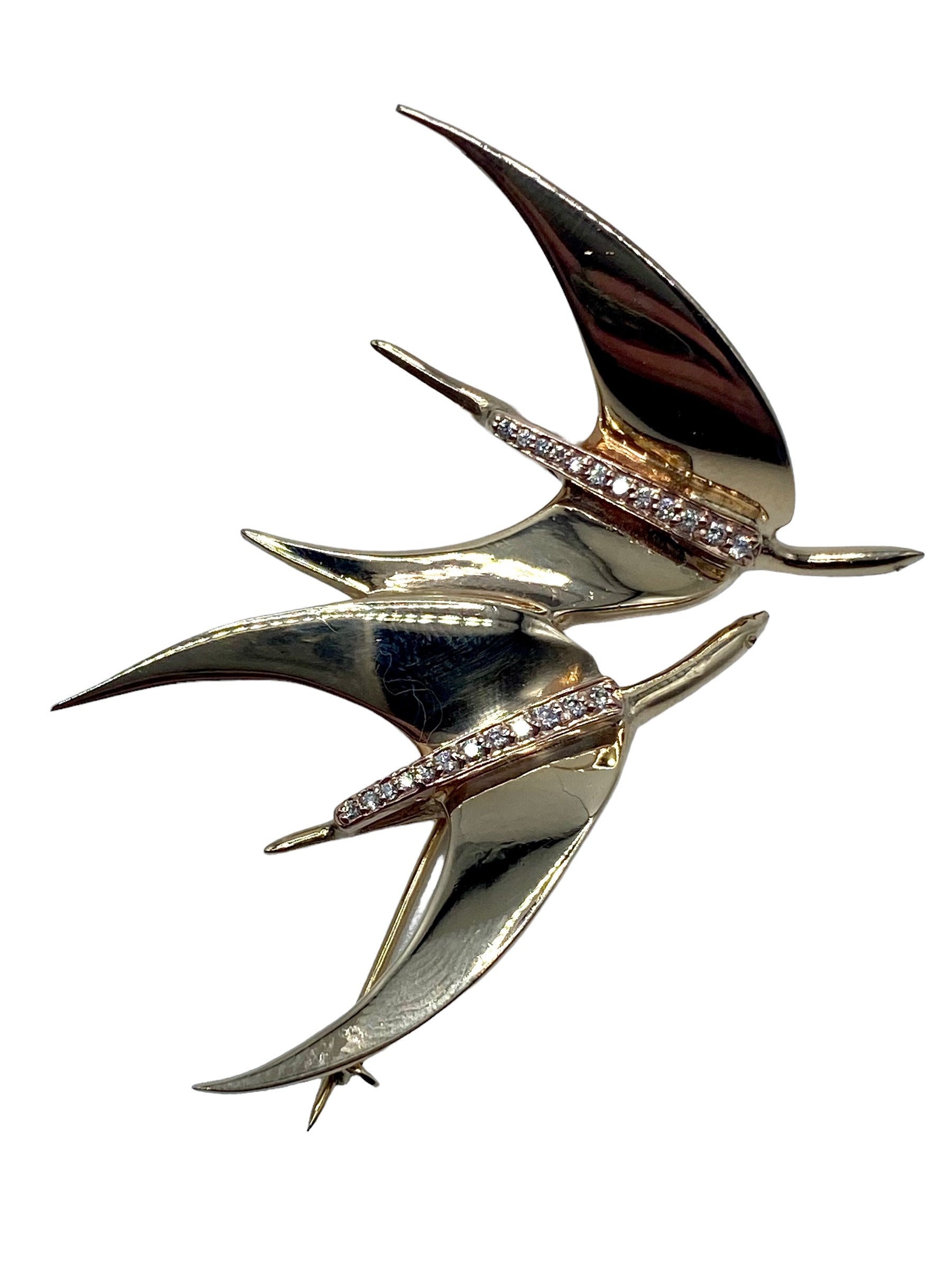 14k Tiffany Modernist Birds in Flight Brooch with Diamond Accents