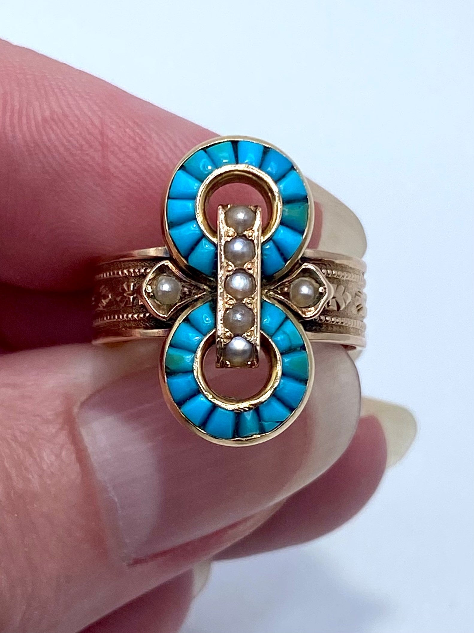 14k Rosy Gold Victorian Turquoise Pearl Ring