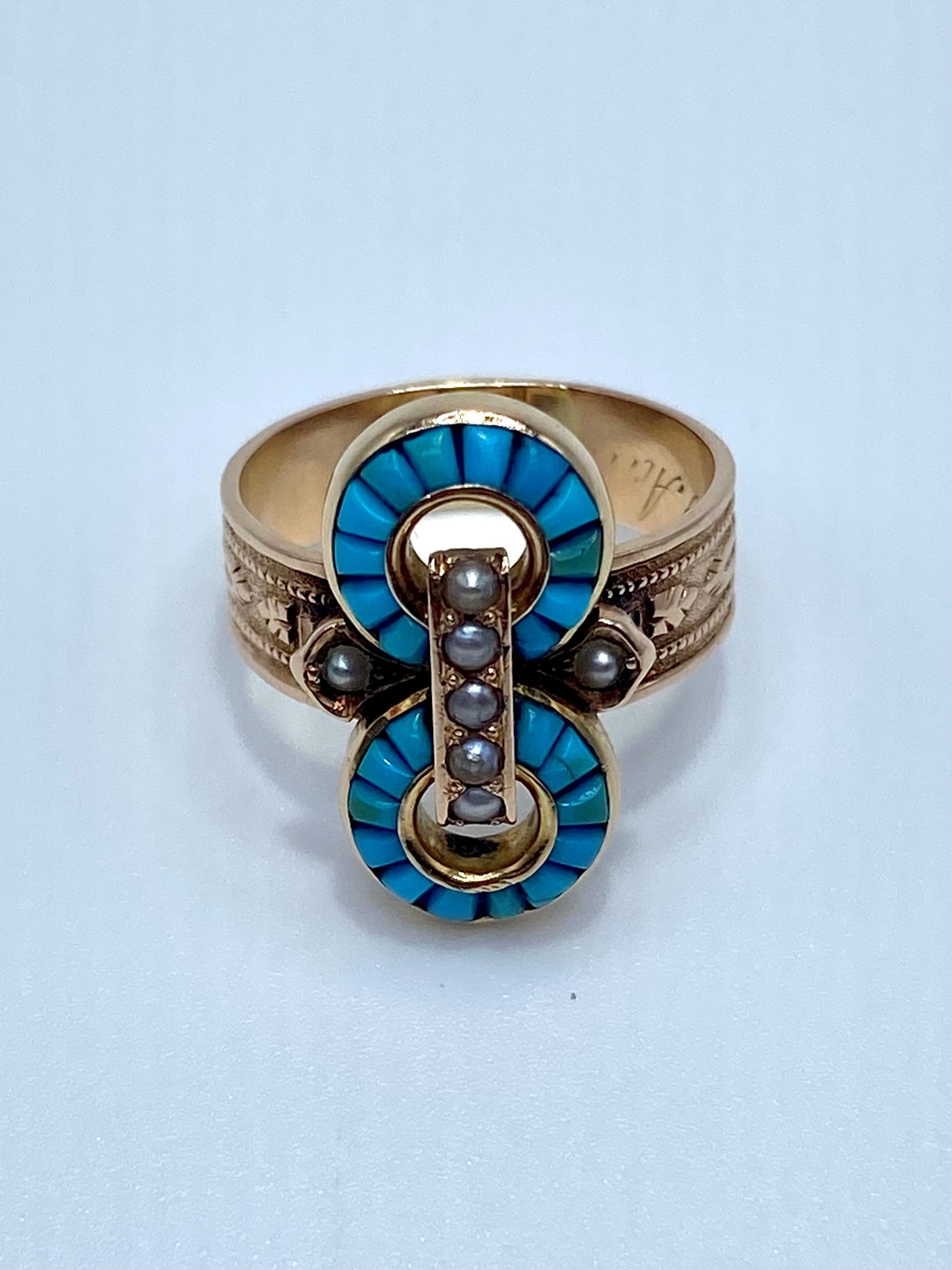 14k Rosy Gold Victorian Turquoise Pearl Ring