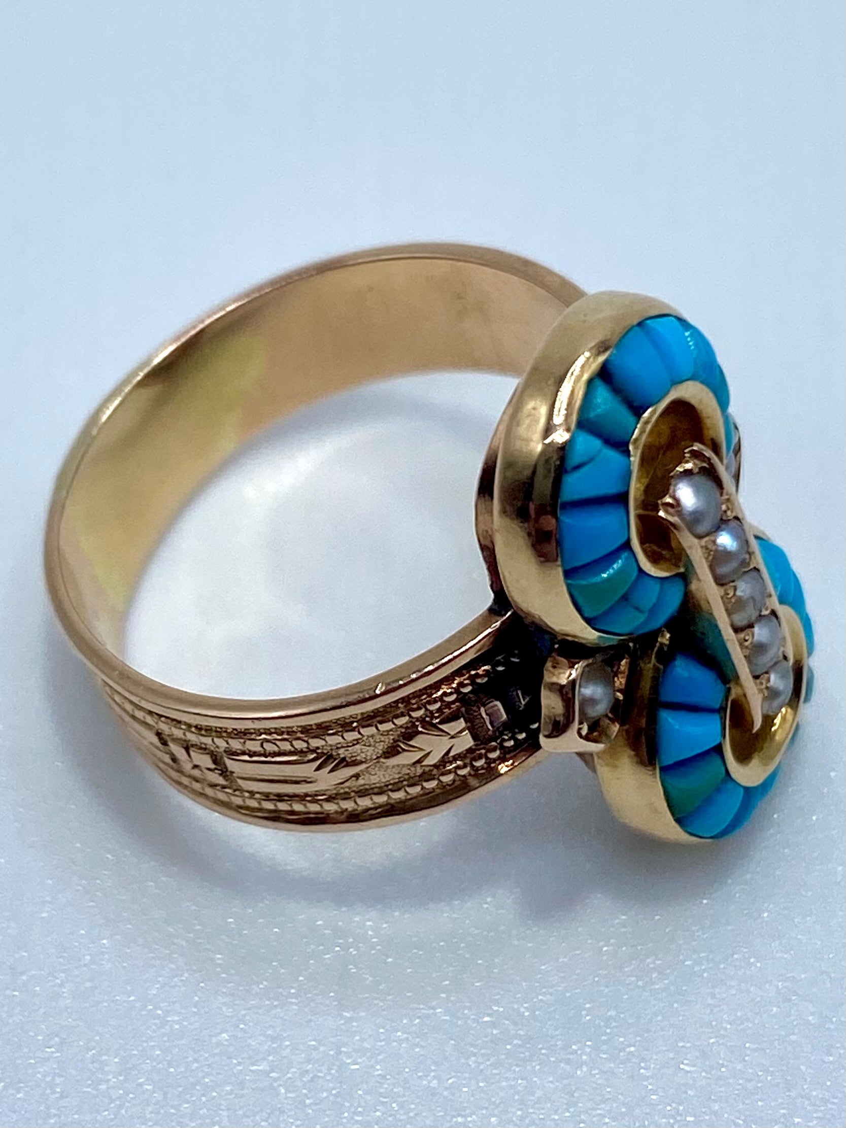 14k Rosy Gold Victorian Turquoise Pearl Ring