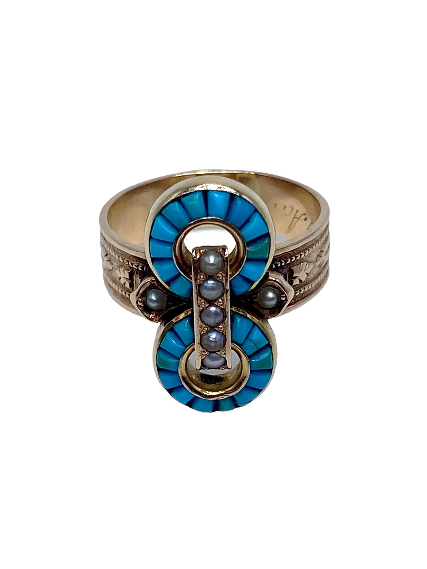 14k Rosy Gold Victorian Turquoise Pearl Ring