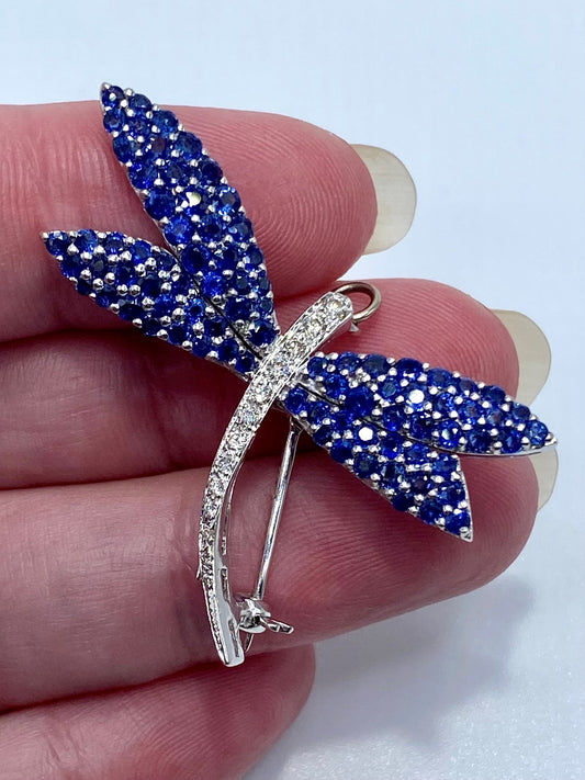 18k White Gold Sapphire Diamond Dragonfly Brooch/ Pendant