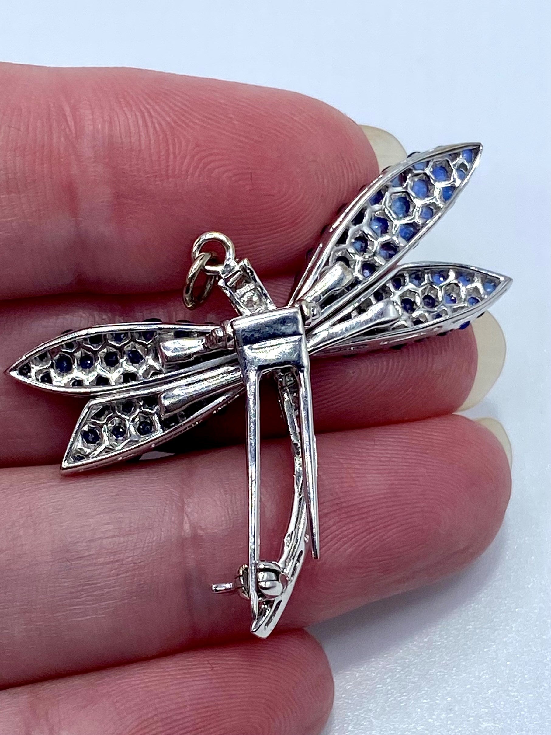 18k White Gold Sapphire Diamond Dragonfly Brooch/ Pendant