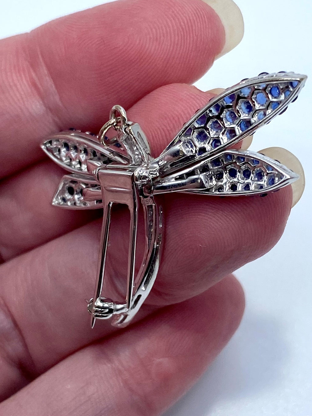 18k White Gold Sapphire Diamond Dragonfly Brooch/ Pendant