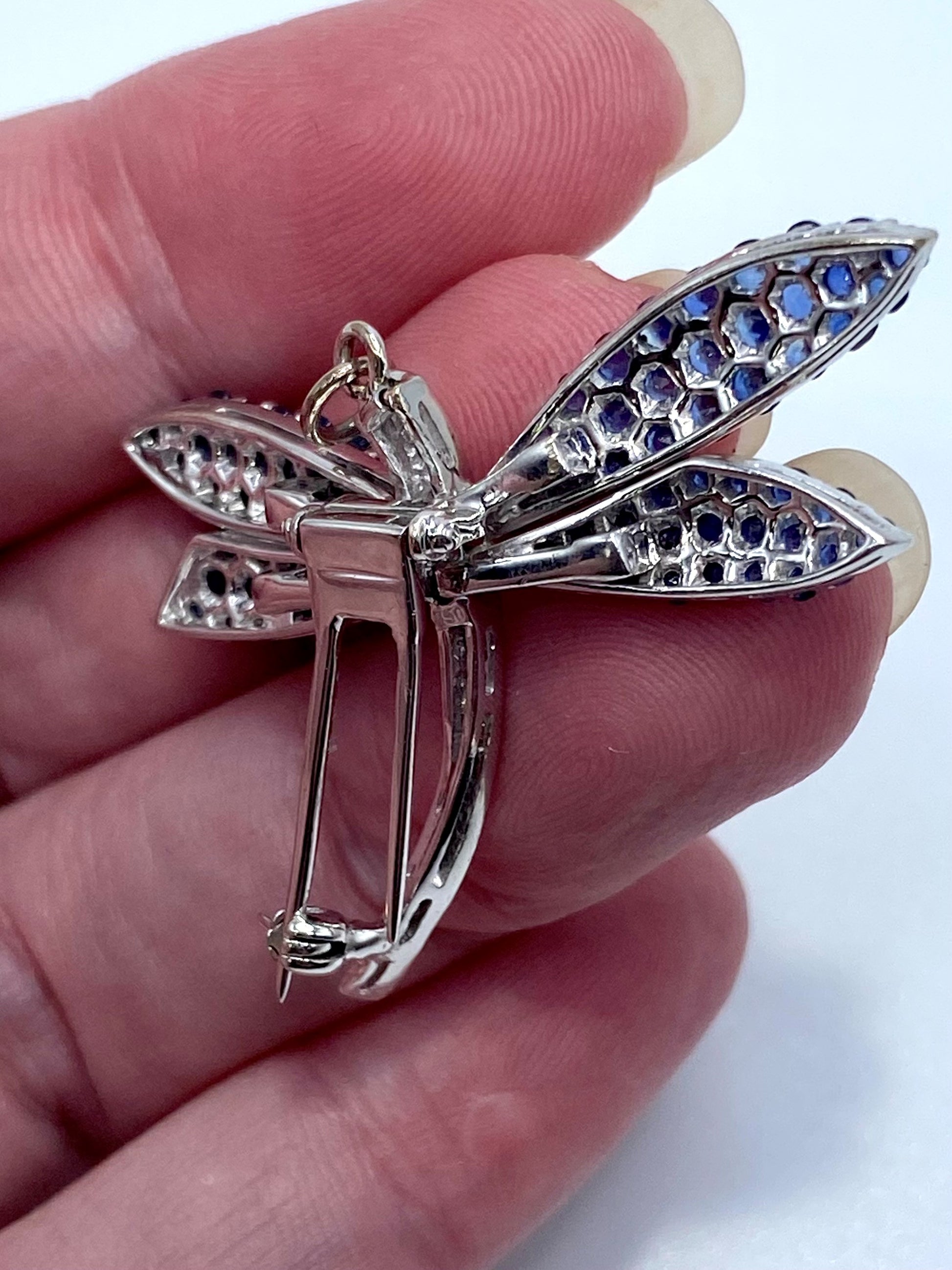18k White Gold Sapphire Diamond Dragonfly Brooch/ Pendant