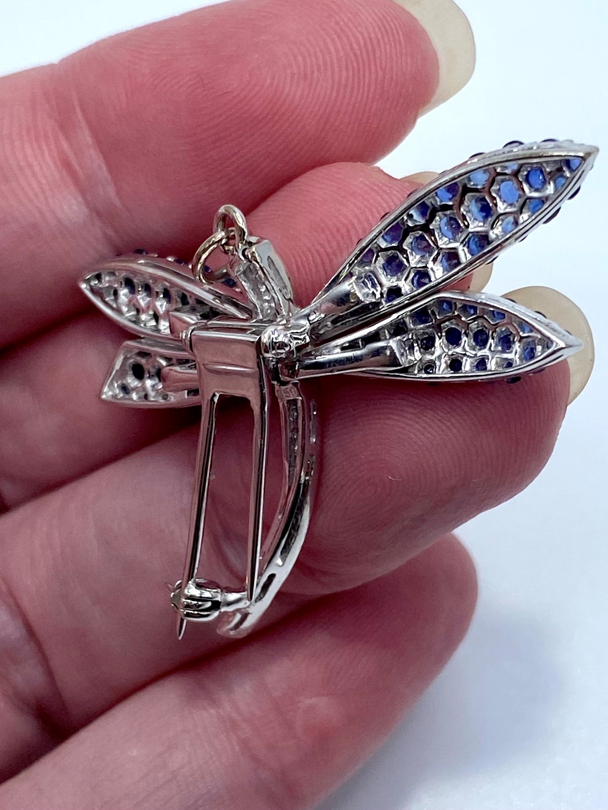 18k White Gold Sapphire Diamond Dragonfly Brooch/ Pendant