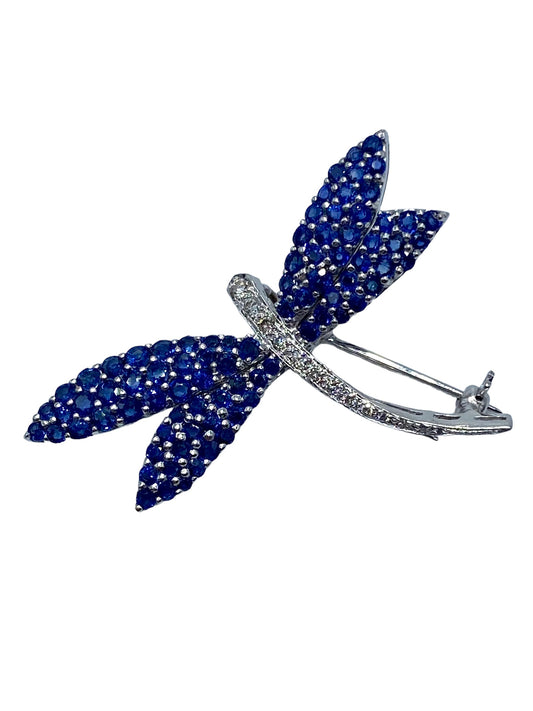 18k White Gold Sapphire Diamond Dragonfly Brooch/ Pendant