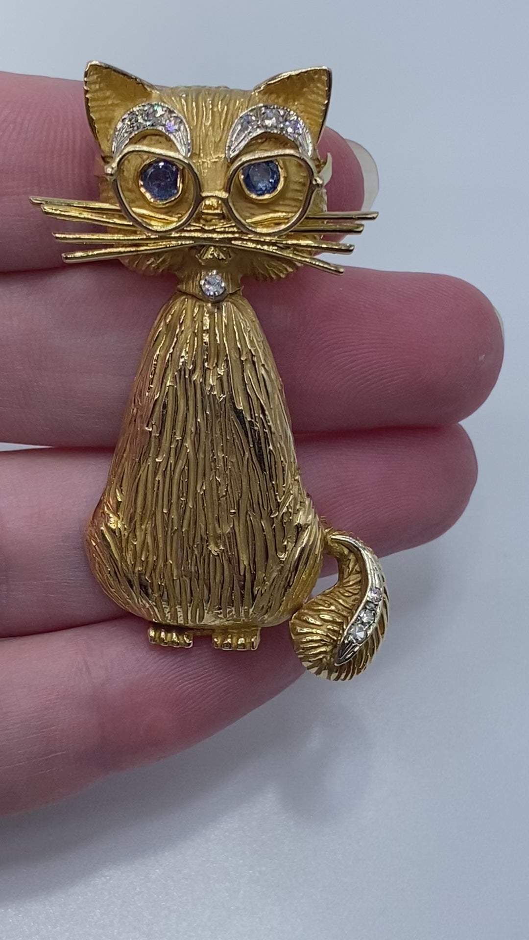 14k Sapphire Diamond Cat Brooch