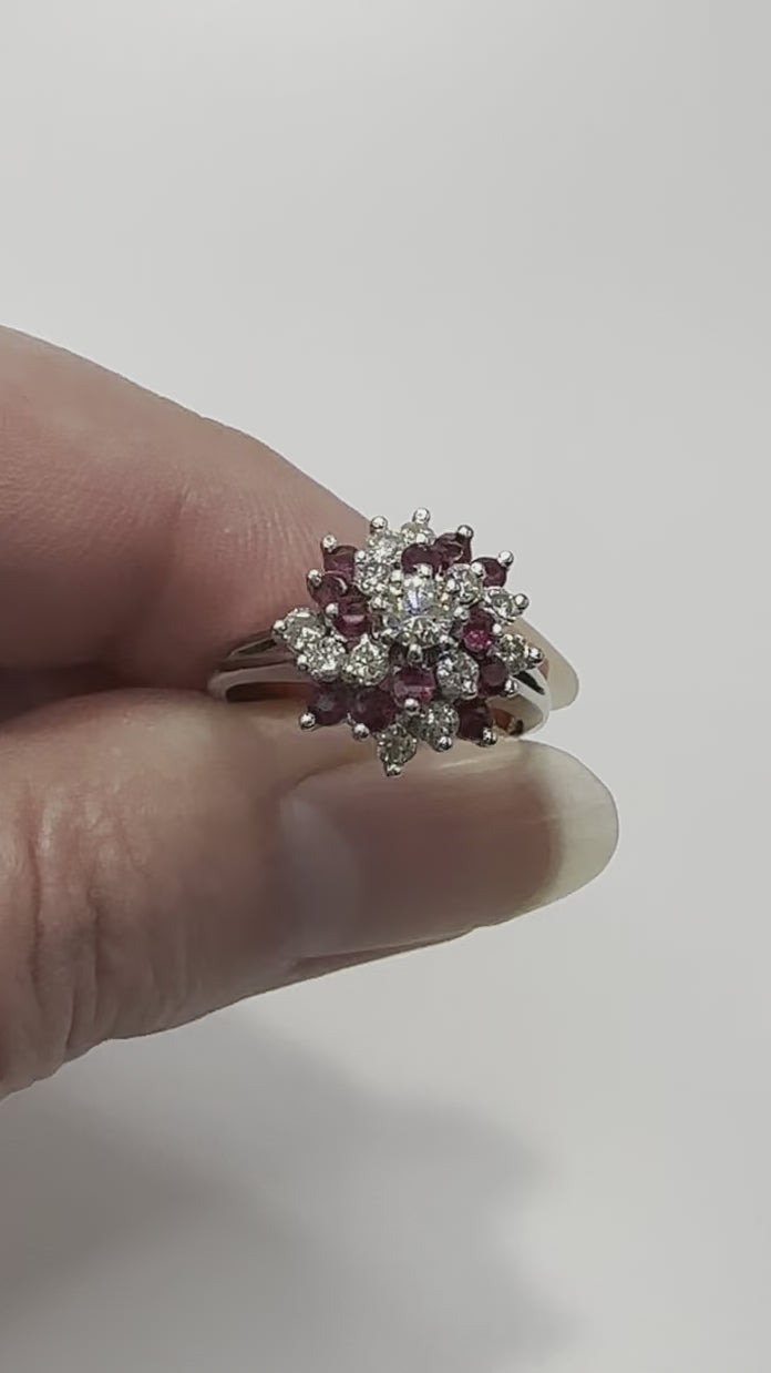 14k White Gold Diamond Ruby Swirl Ring