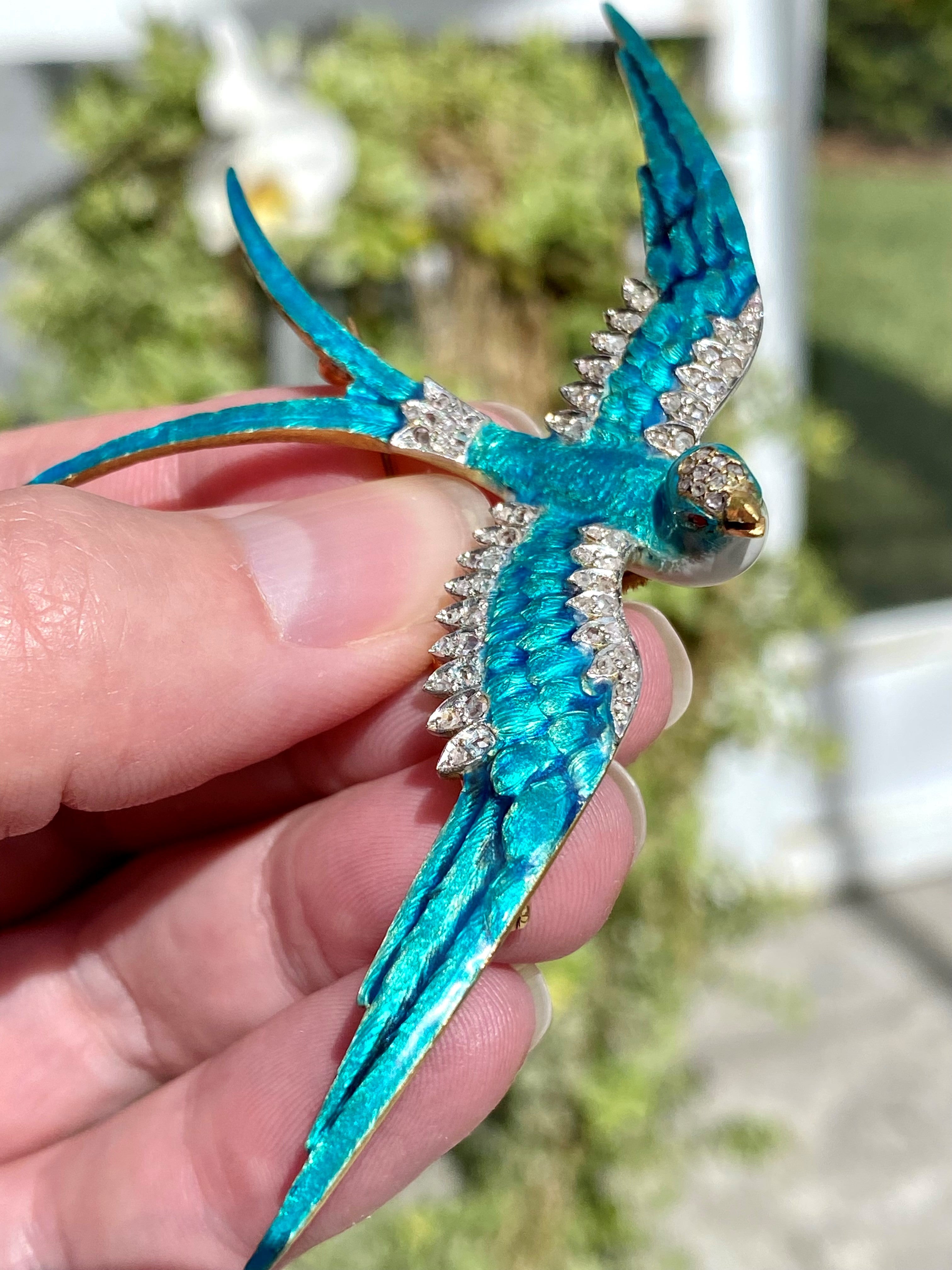 18k Victorian Aqua Enamel Swallow Brooch/ Pendant