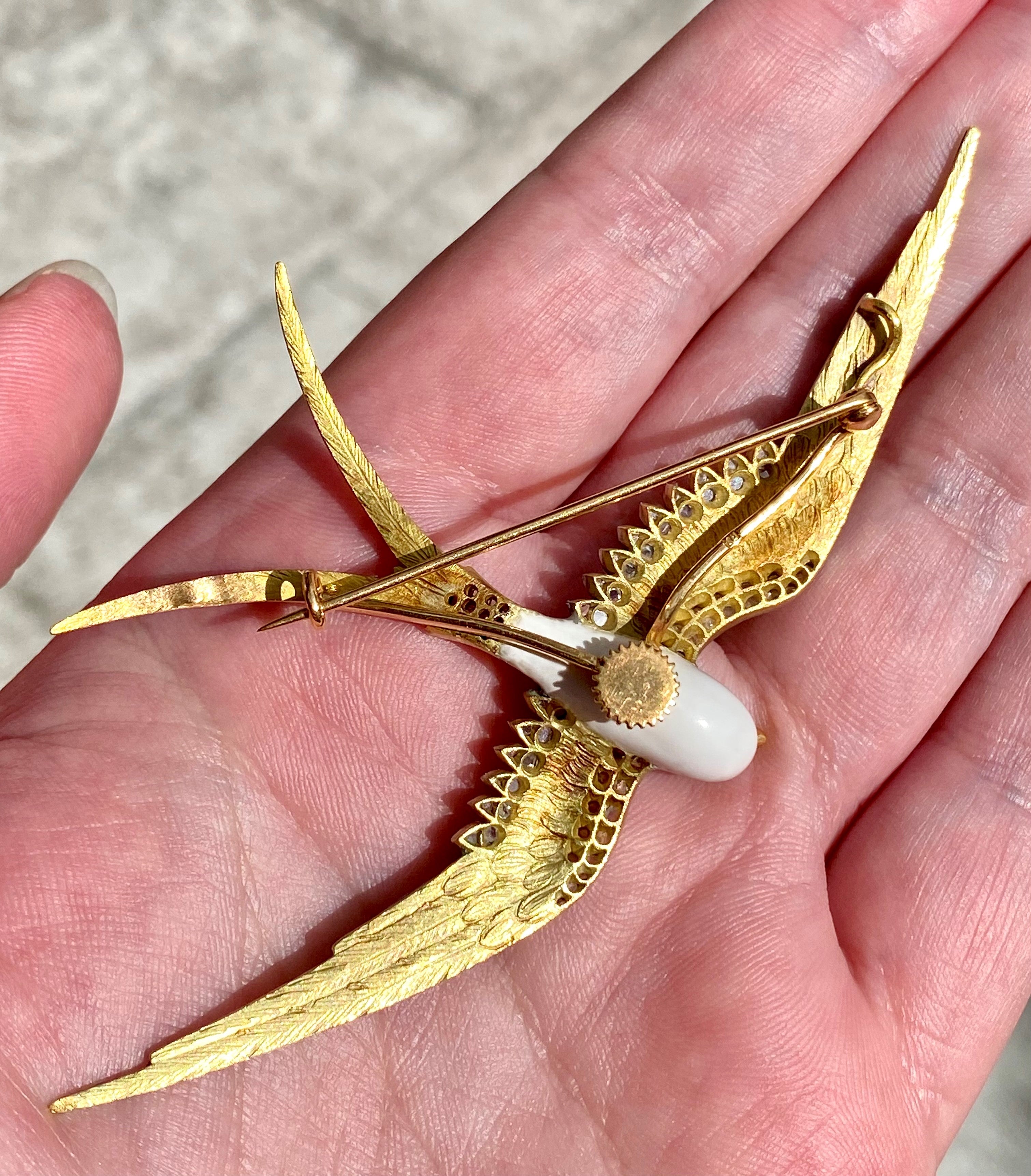 18k Victorian Aqua Enamel Swallow Brooch/ Pendant