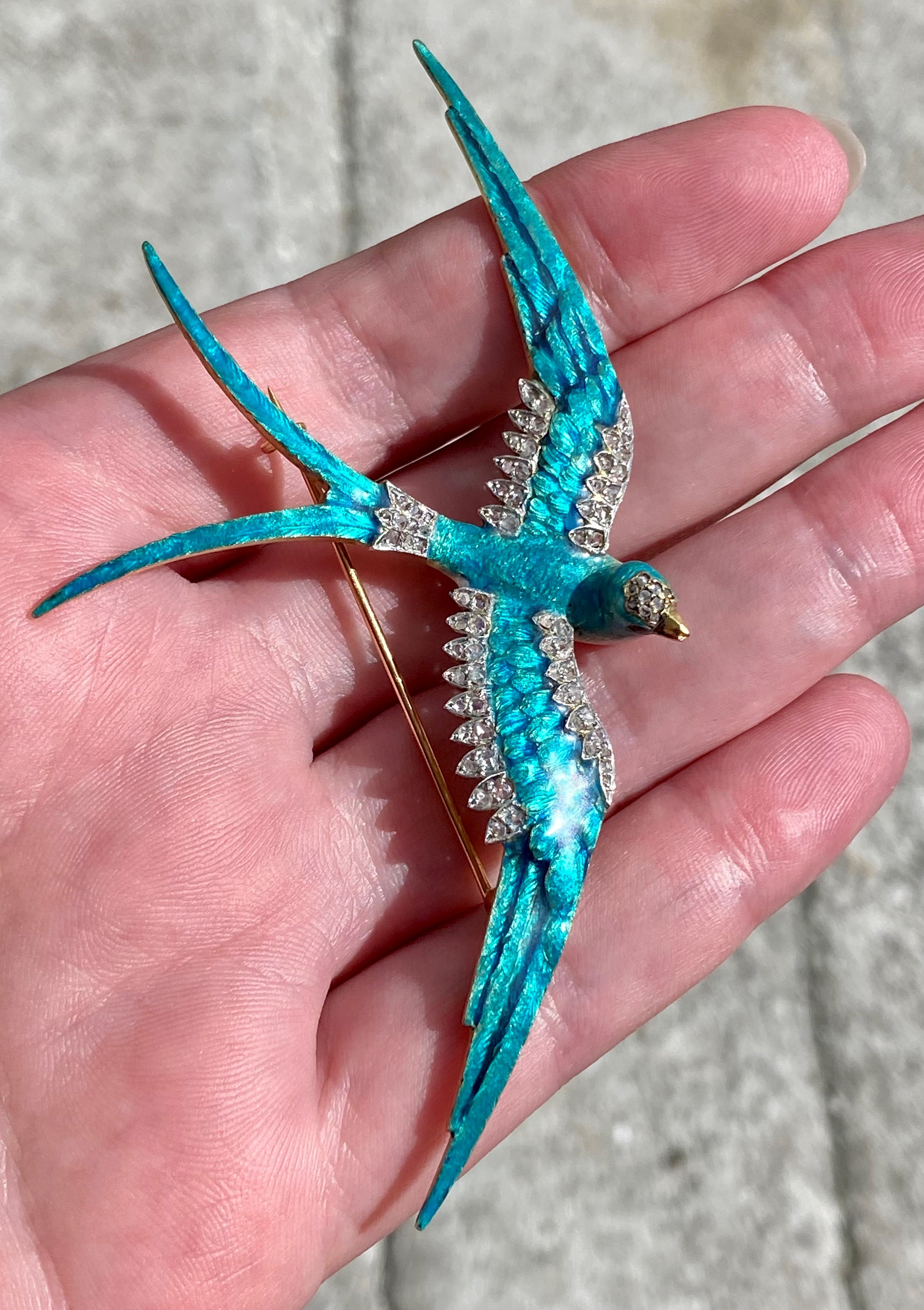 18k Victorian Aqua Enamel Swallow Brooch/ Pendant