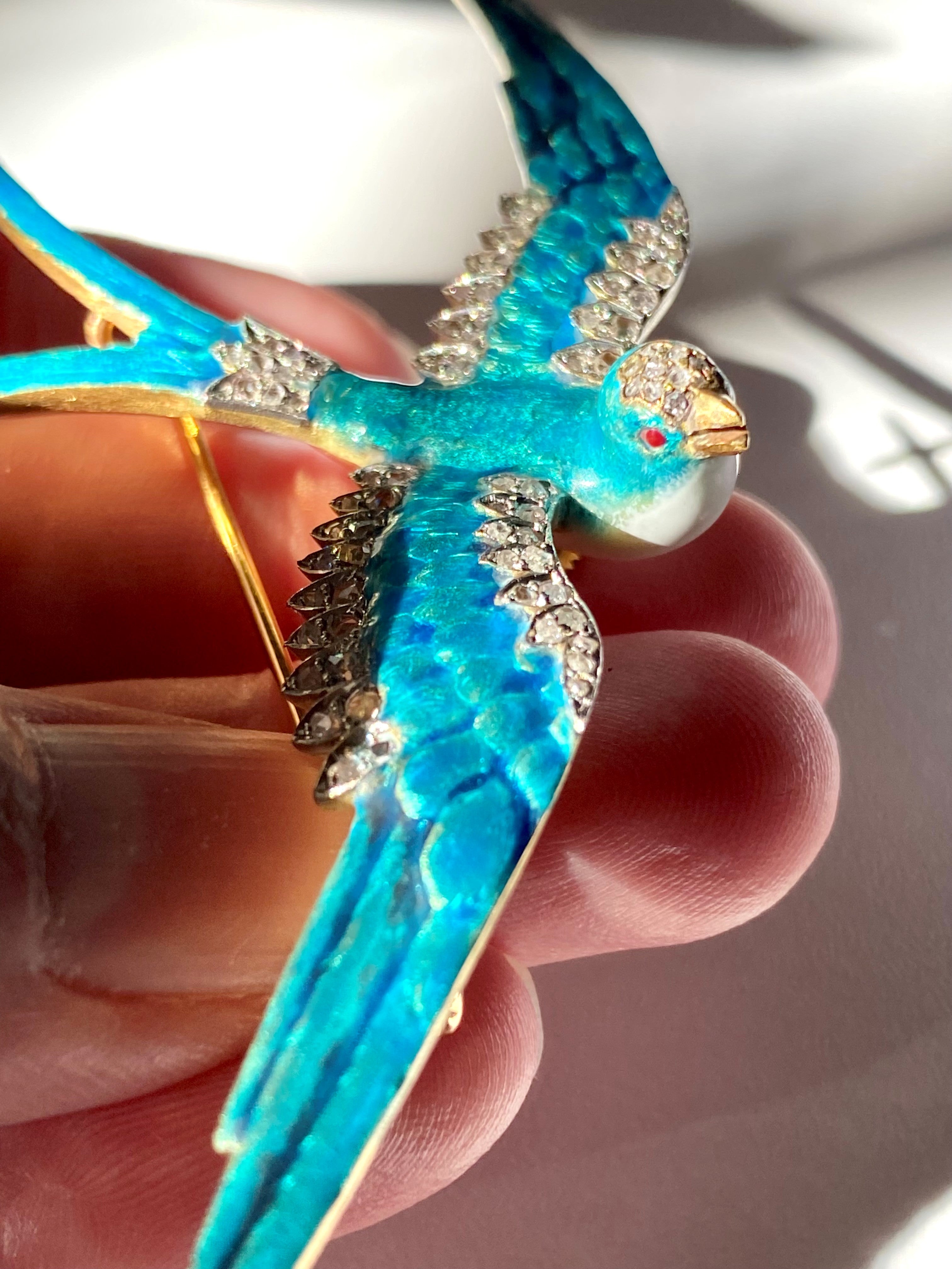 18k Victorian Aqua Enamel Swallow Brooch/ Pendant