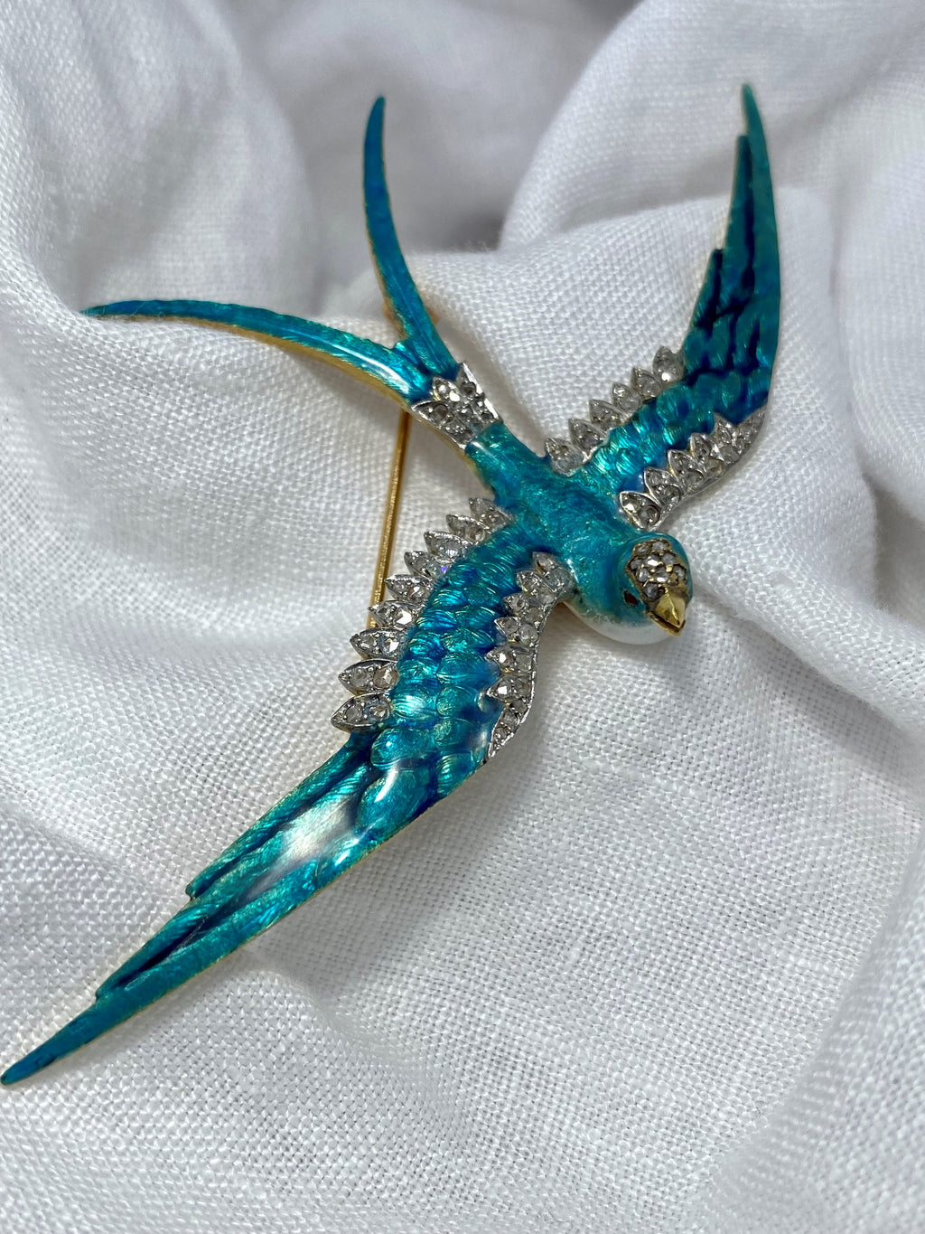 18k Victorian Aqua Enamel Swallow Brooch/ Pendant