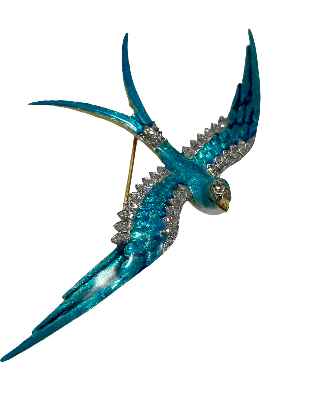 18k Victorian Aqua Enamel Swallow Brooch/ Pendant