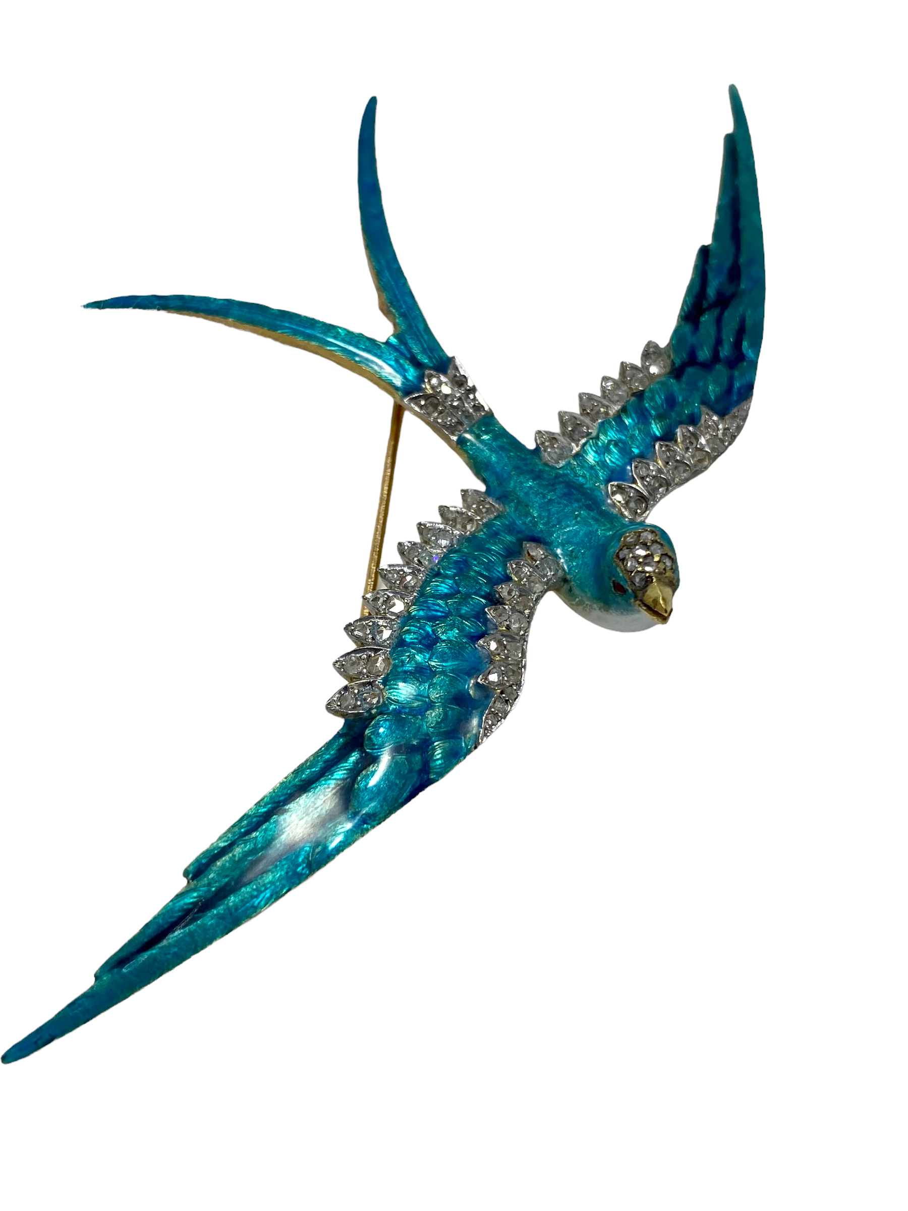 18k Victorian Aqua Enamel Swallow Brooch/ Pendant