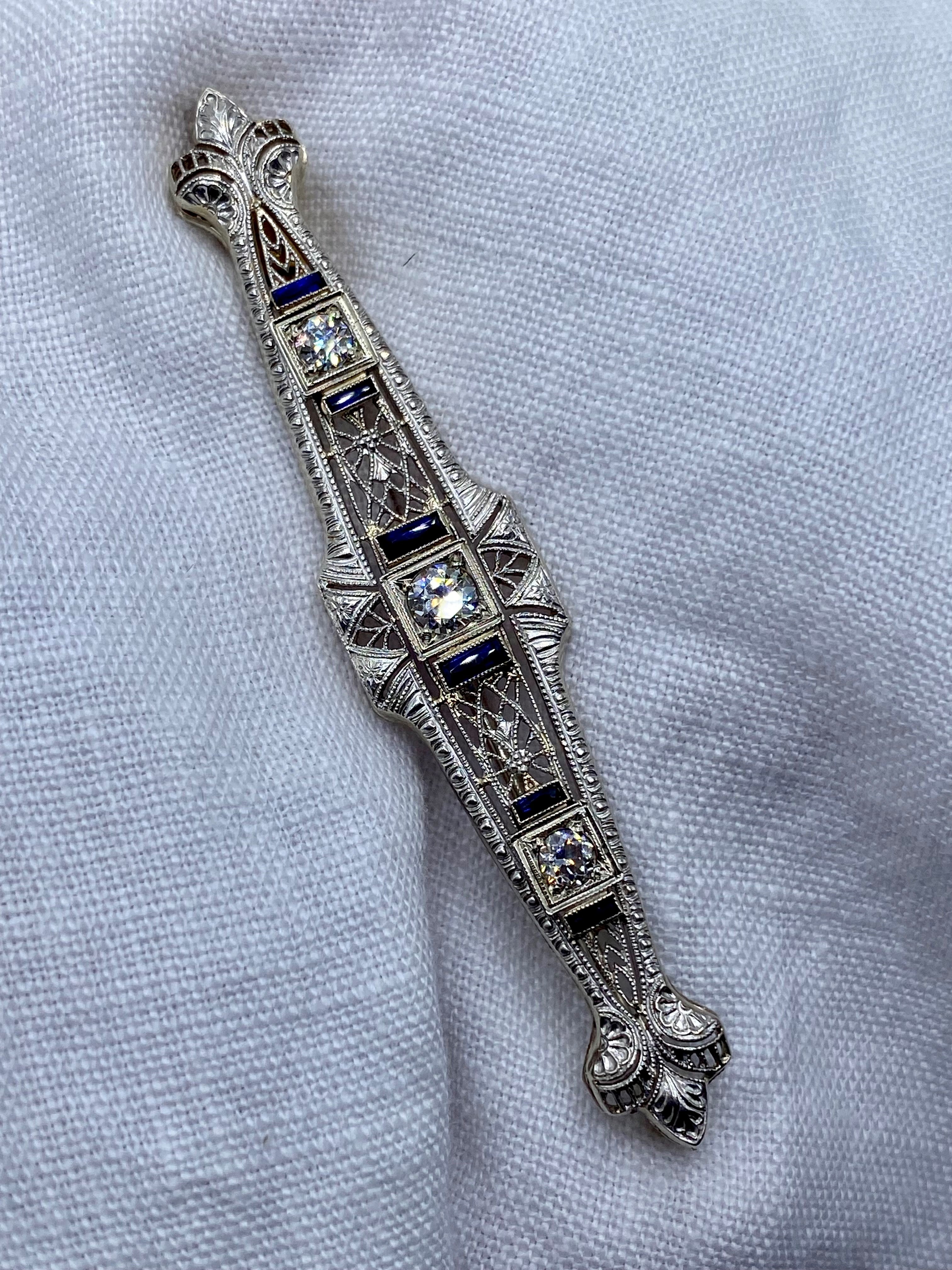 14k White Gold Art Deco Filigree Bar Pin