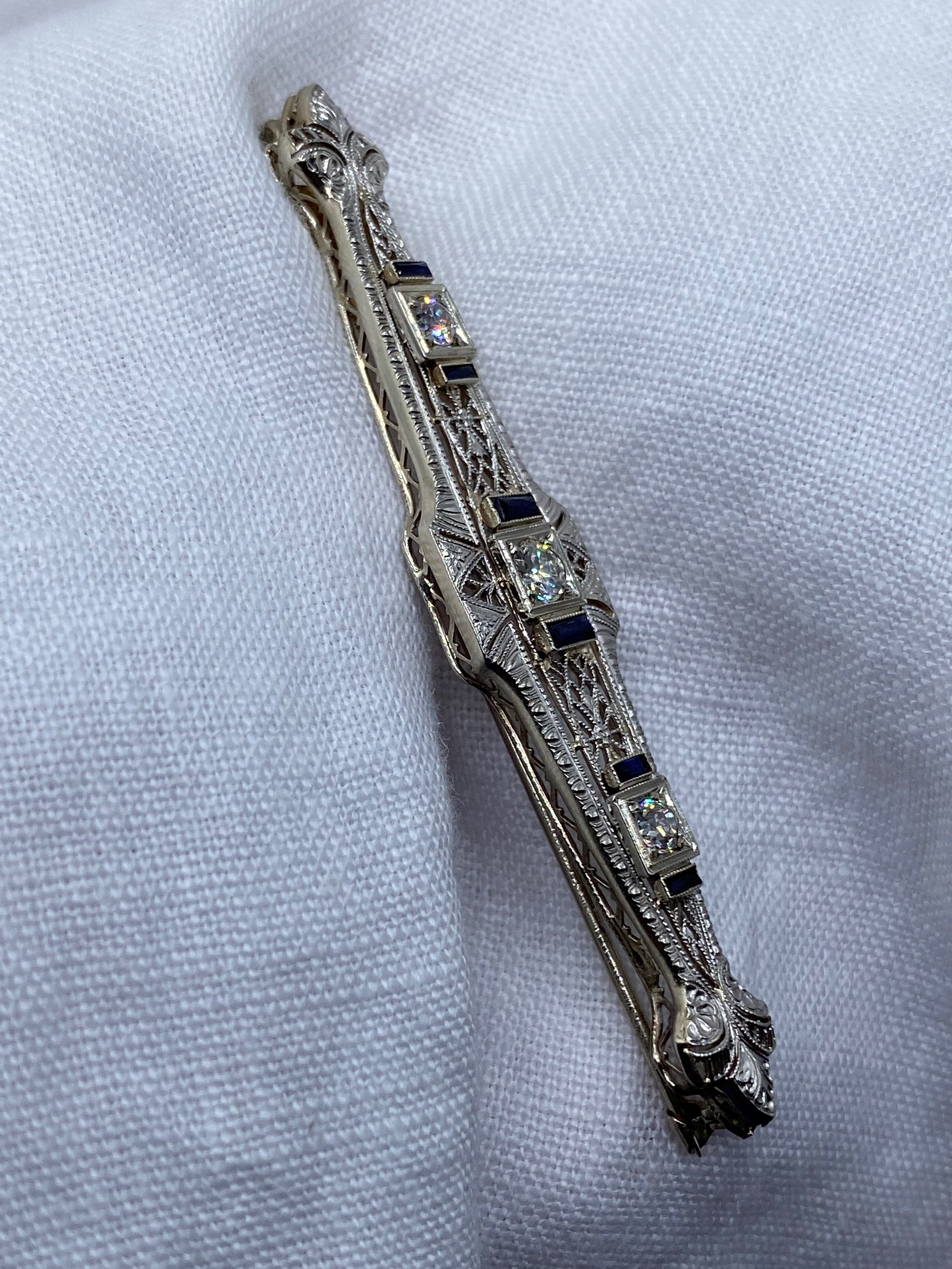 14k White Gold Art Deco Filigree Bar Pin