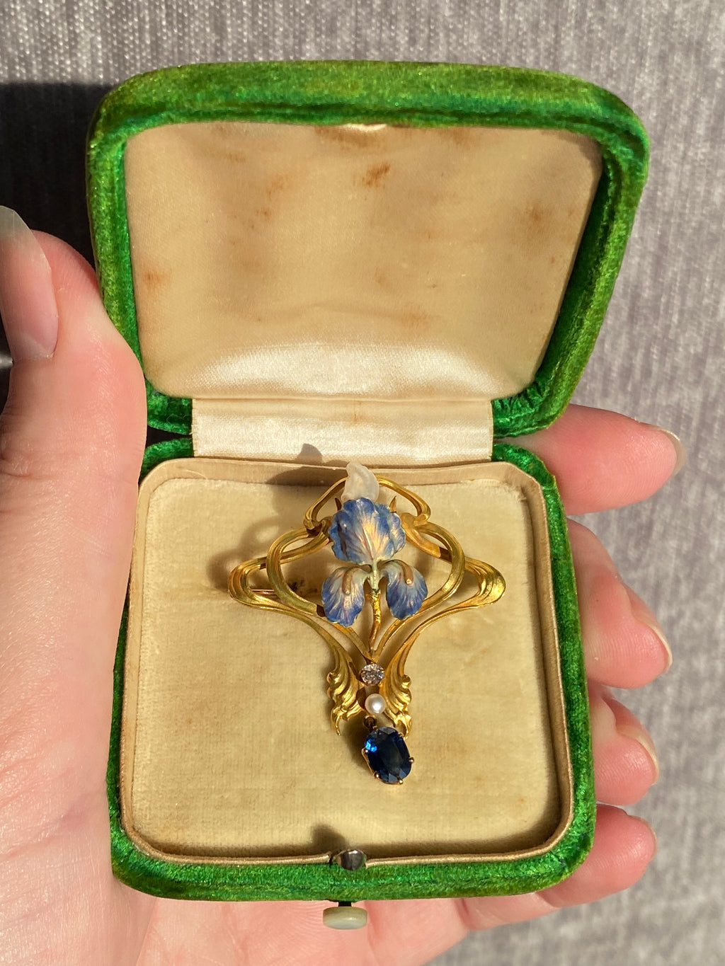 18k Art Nouveau Enamel Sapphire Diamond Brooch/ Pendant