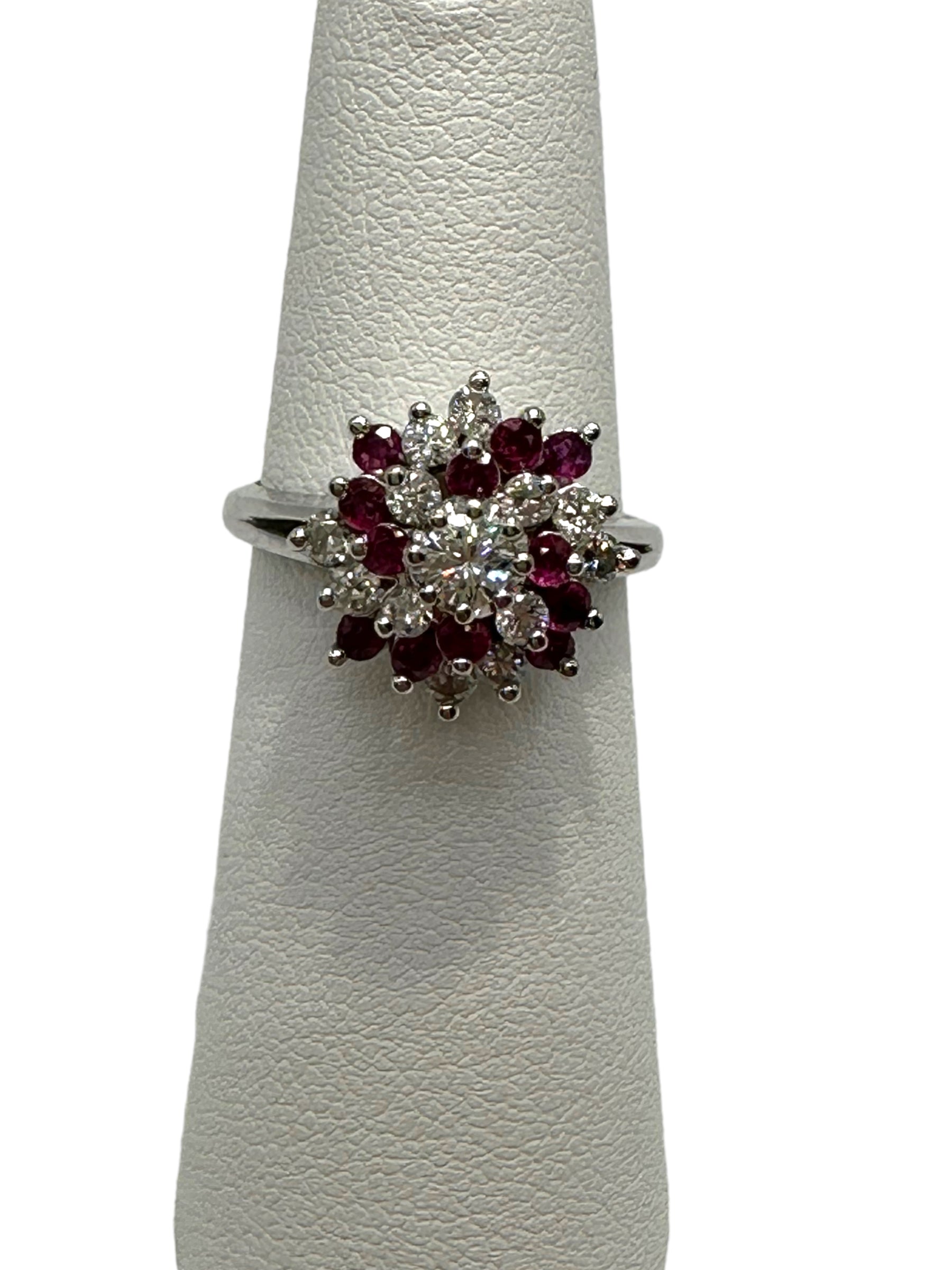 14k White Gold Diamond Ruby Swirl Ring