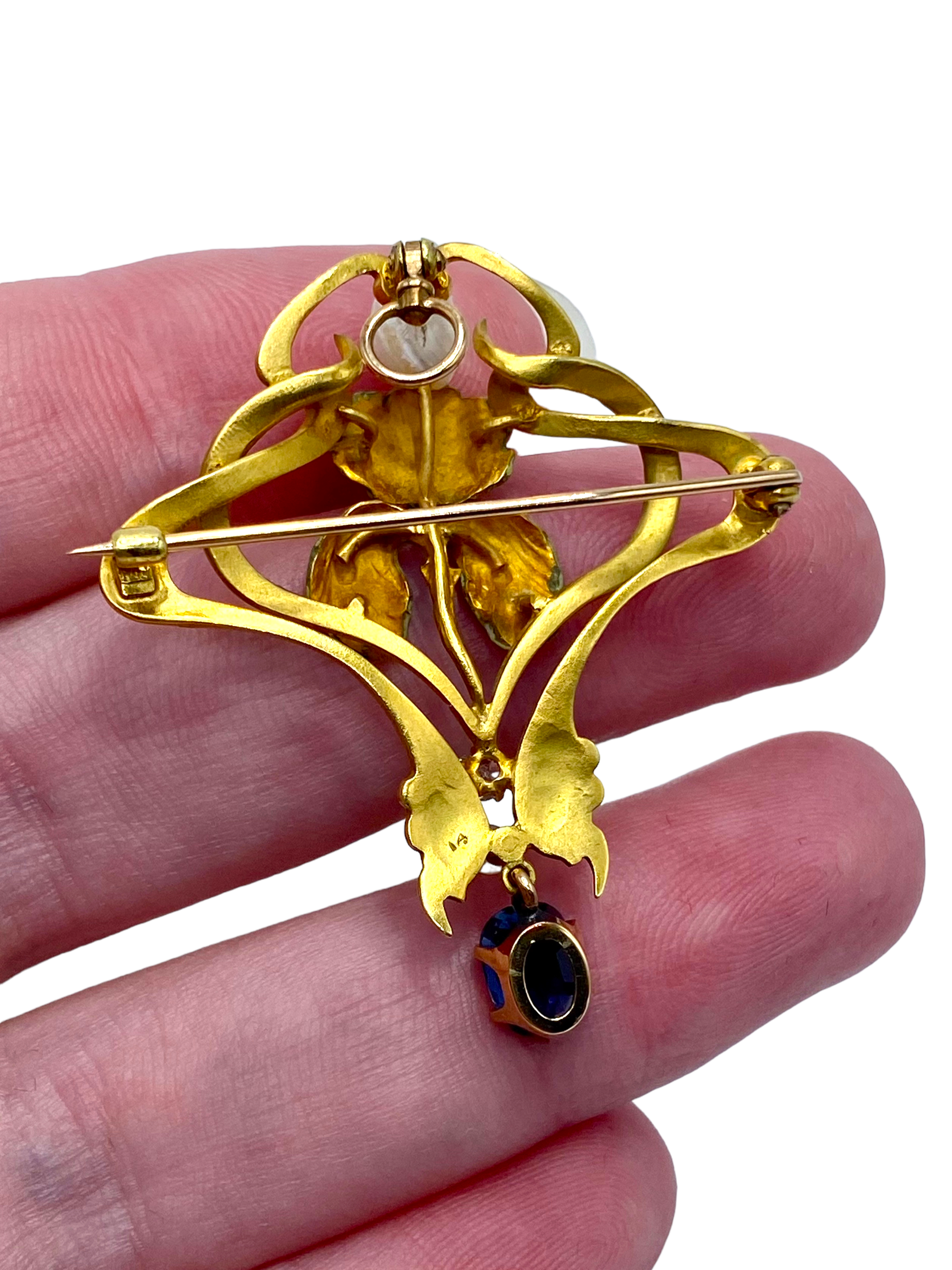 18k Art Nouveau Enamel Sapphire Diamond Brooch/ Pendant